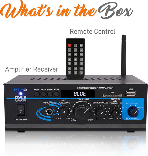 Pyle Home Audio Power Amplifier System - 2X40W Bluetooth Mini Dual Channel Mixer Receiver for Speakers