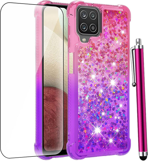 Samsung Galaxy A12 Case with Tempered Glass Screen Protector, Glitter Bling Floating Liquid Soft TPU Cover