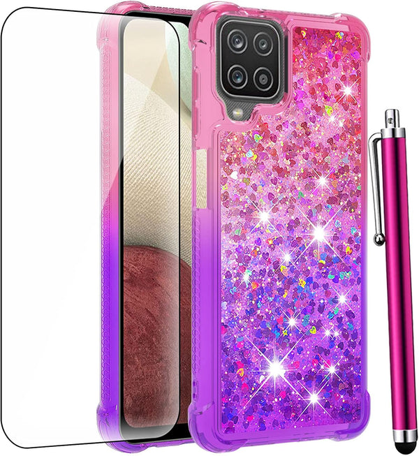 Samsung Galaxy A12 Case with Tempered Glass Screen Protector, Glitter Bling Floating Liquid Soft TPU Cover
