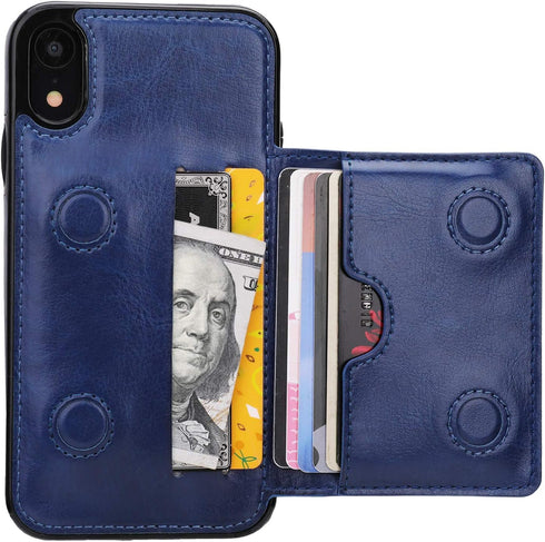 KIHUWEY Compatible with iPhone XR Wallet Case, Premium Leather Kickstand Protective Cover, Blue