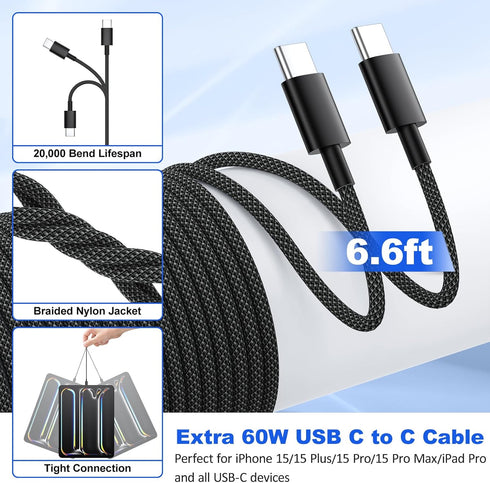 65W 4-Port USB C Car Charger Fast Charging, iPhone 15/15 Pro Max Adapter with 6FT USB C to C Cable
