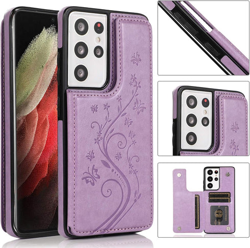 Samsung Galaxy S21 Ultra Phone Case, Purple, with Tempered Glass Screen Protector, Card Holder Wallet Cover, Stand Flip