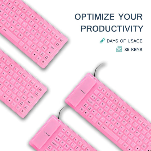 Super Space Foldable Silicone Keyboard, Pink, USB Waterproof Travel Gaming Wired Keyboard, 4.14ft Cable, Full Size for