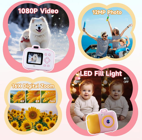 Kids Instant Print Camera for Girls Boys Age 3-12, 12MP 1080P Digital Cameras, Christmas Birthday Gifts