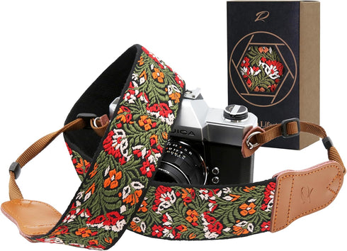 Padwa Lifestyle Green Flower Camera Strap for All DSLR Cameras,Double Layer Cowhide
