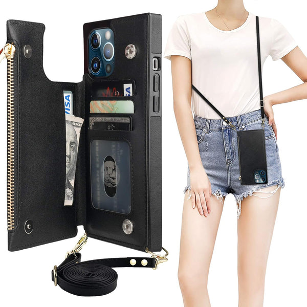 Bocasal Crossbody Wallet Case for iPhone 12 Pro Max, Shockproof Purse Cover with Card Holder & Removable Strap (Black)