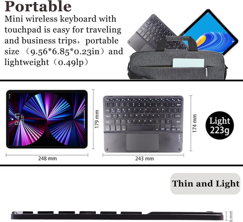 Wireless Bluetooth Keyboard, Ultra Slim Rechargeable Portable Cordless Keyboard with Touchpad, 10 Inch for iOS Android