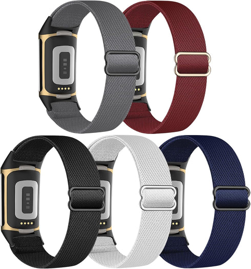 5 Pack Stretchy Nylon Bands for Fitbit Charge 5/6 - Adjustable Sport Replacement Wristbands for Men & Women