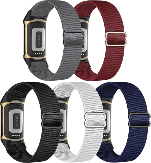 5 Pack Stretchy Nylon Bands for Fitbit Charge 5/6 - Adjustable Sport Replacement Wristbands for Men & Women
