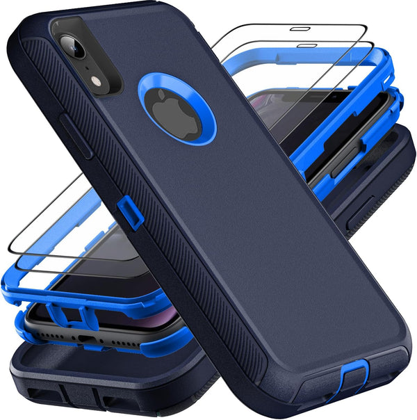 Military Grade 3 in 1 Heavy Duty Shockproof/Drop Proof/Dust Proof Case for iPhone XR, with 2Pcs Tempered Glass Screen