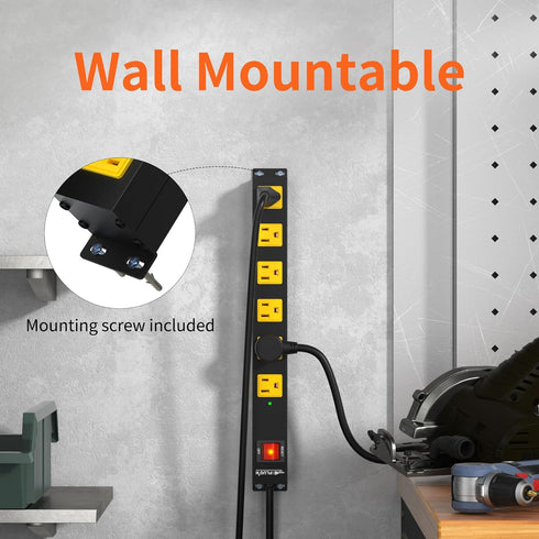 Power Strip with 2700J Surge Protector, 8FT Cord, Flat Plug, 6 Outlet Metal Strip for Garage and Kitchen