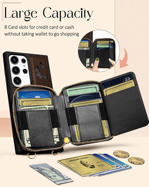 Shorogyt Wallet Case for Samsung Galaxy S23 Ultra, RFID Blocking Card Holder Slots Designer Black Butterfly Leather