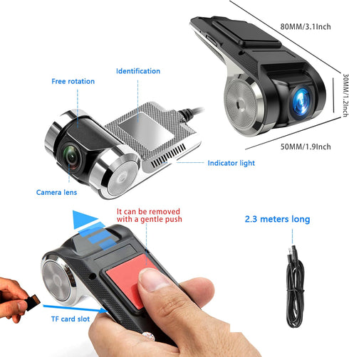 METEESER 64GB 24Hours USB Car DVR Camera Video Recorder, USB Dash Cam, WDR Full HD Dash Camera Car Driving Recorder
