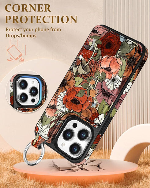 Shorogyt Wallet Case for iPhone 13 Pro, Card Holder, Designer Mushroom Flower Pattern, Magnetic Clasp Flip Folio