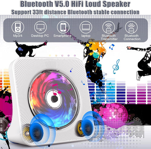 Fohil CD Player with Bluetooth 5.0, Portable Desktop Music Player for Home, Built-in Double HiFi Sound Speakers, FM