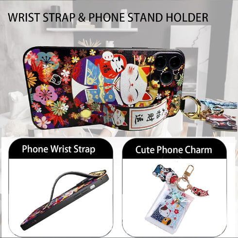 Compatible with iPhone 12 Pro Case | Cute Japanese Lucky Cat Design, Glitter Luxury Soft Silicone with Phone Lanyard