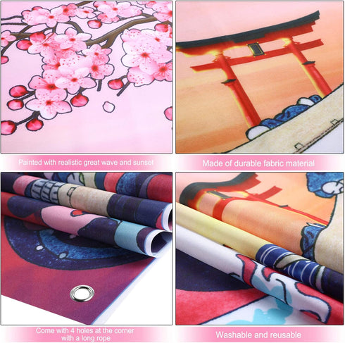 Ocean Wave Tapestry - Japanese Kanagawa Great Wave Cherry Blossom Nature Sunset Background Wall Hanging, 72.8 x 43.3
