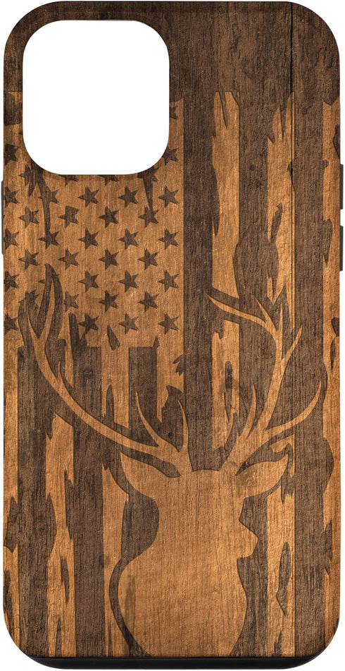 iPhone 12 Mini Case, Deer Buck with Flag on Wood-like Background