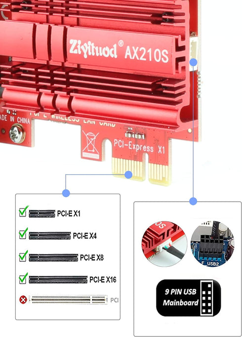 WiFi Card 5400Mbps PCIe WiFi 6E Card, Bluetooth 5.2, Intel WiFi 6E AX210 Chip, Tri-Bands Wireless WiFi 6 Card