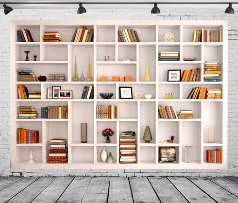 BELECO 5x3ft Fabric Modern White Bookshelf Photography Backdrop Books Office Bookcase Background Poster Home Office