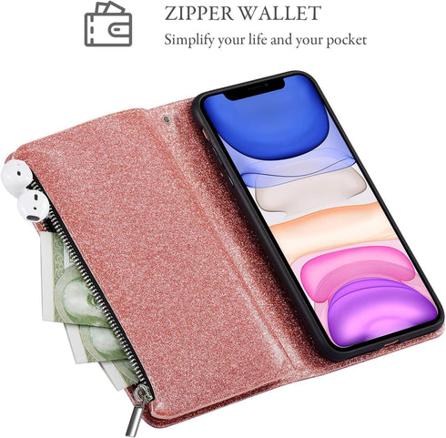 UEEBAI Wallet Case for iPhone 11 - PU Leather Magnetic Closure Handbag with Zipper Pocket, Glitter Pink