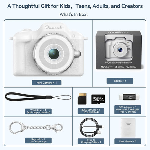 Dienspeak 32GB 1080P Tiny Digital Camera, Vintage Mini Keychain Camera for Teens & Beginners, Cute Portable Small