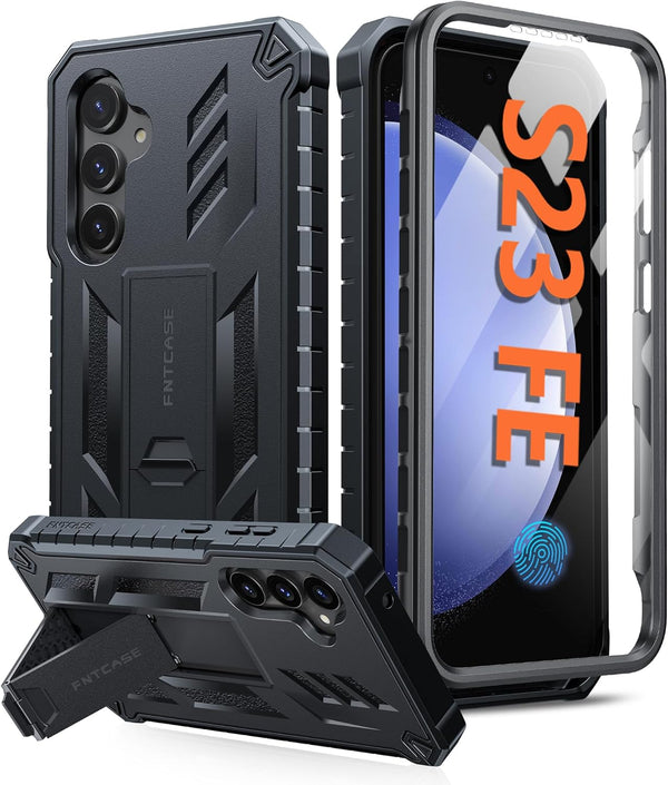 FNTCASE Galaxy S23 FE Case: Military Grade Shockproof TPU Cover with Kickstand & Screen Protector - Black Full