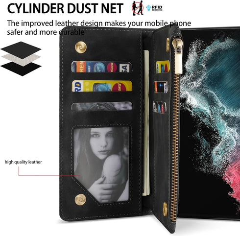 ZZXX Wallet Case for Samsung Galaxy S22 Ultra, Premium Soft PU Leather Zipper Flip Folio with Card Slot, Black