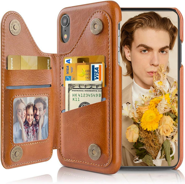 LOHASIC Wallet Case for iPhone XR, Brown, 5 Card Holder Phone Cover, Magnetic Clasp, Kickstand Flip Folio
