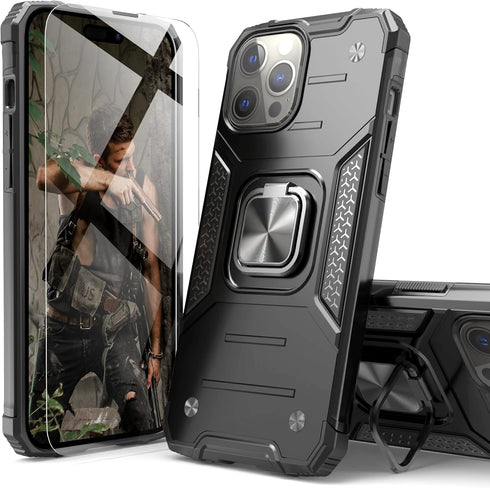 iPhone 14 Pro Case with Screen Protector, Heavy Duty Shock Absorption Slim Fit Lightweight Protective Case, Black
