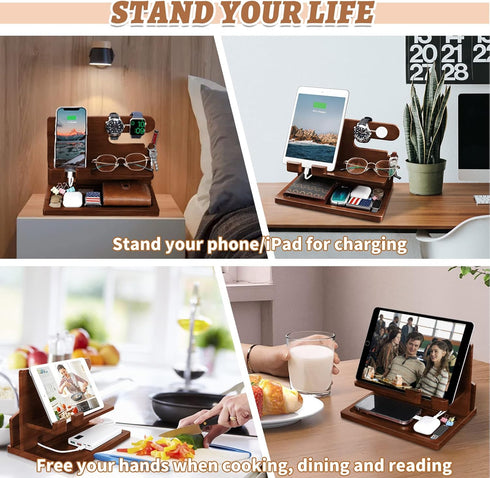 Wood Phone Docking Station, Nightstand Charging Organizer and Cell Phone Stand, Bedside Gift for Men