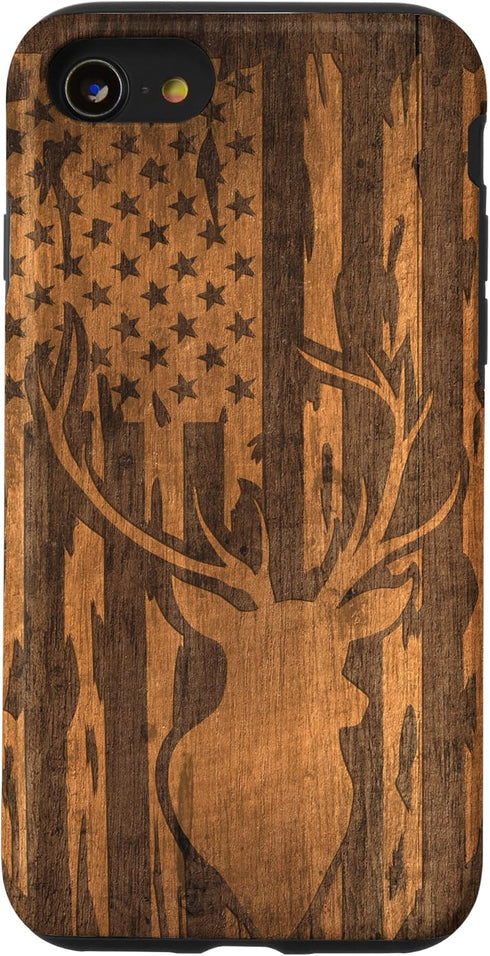 iPhone SE (2020) / 7 / 8 Case with Deer Buck and Flag on Wood-like Background