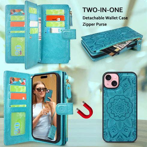 Harryshell Wallet Case for iPhone 14 / iPhone 13 6.1 inch 5G, Detachable Magnetic Cover with Zipper Cash Pocket