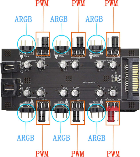 12V 4Pin PWM & 5V 3Pin ARGB with SATA 15Pin Power 2-in-1 Hub - 6 Way Sync CPU Cooling Fan Addressable RGB Lighting