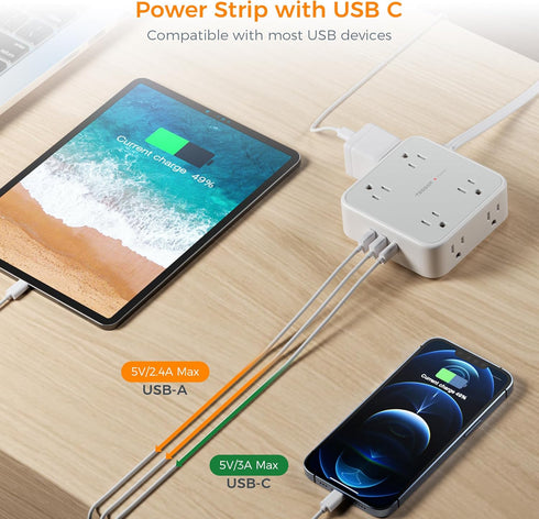 TESSAN Flat Plug Long Extension Cord, 25 Ft, Power Strip with 8 Outlets and 3 USB Ports