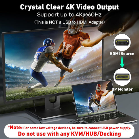 HDMI to DisplayPort Adapter, 4K 60Hz, 1080p 120Hz, HDMI Male to DP Female Converter for GPU, Laptop, PS5, Xbox - 1 Pack