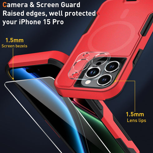iPhone 15 Pro Case Cover (Red) with MagSafe, MIL-Grade Drop Tested, Tempered Glass Screen Protector & Camera Lens.