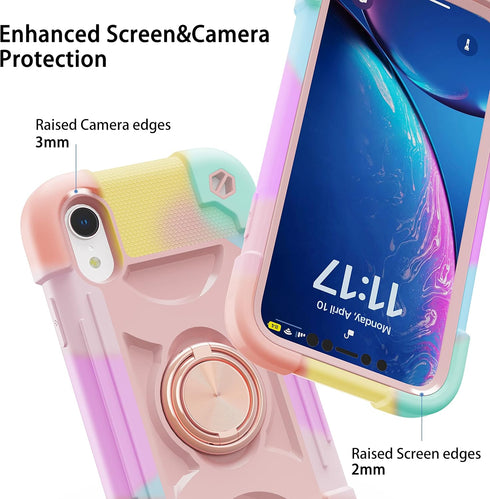 iPhone XR Case 6.1 Inch with Ring Stand, 2 Pack Glass Screen Protector, Heavy-Duty Shockproof Rugged Military Grade