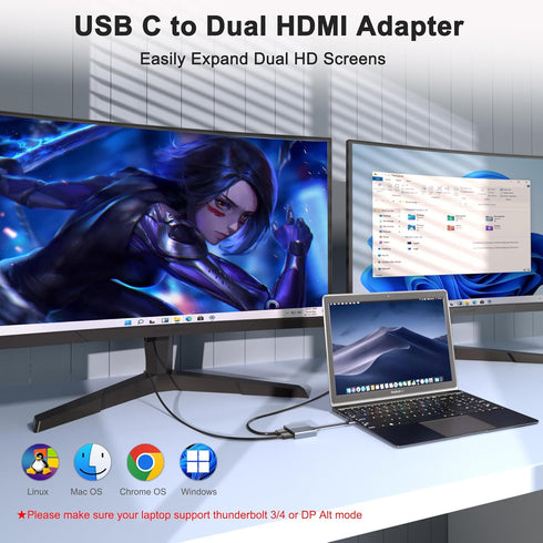 Movcle 4K 2 Docking Station Dual Monitor, USB C Docking Station, HDMI Splitter Extended Display, Dual HDMI Adapter