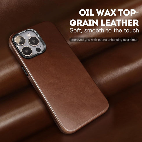 Genuine Leather Case for iPhone 15 Pro Max 6.7 inch, Rustic Brown, Oil Wax Top-Grain Leather, MagSafe Compatible