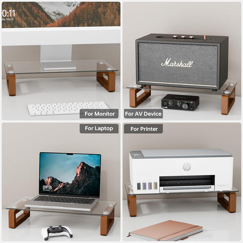 YEOUX Multi-Purpose Desktop Stand, Clear Floating Computer Monitor Riser with Natural Wood Base, Desk Organization