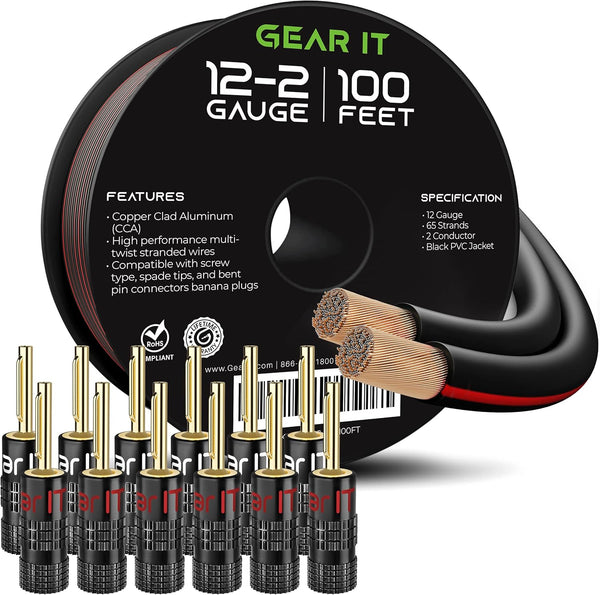 GearIT 12 Gauge Speaker Wire, 100 Feet with 6 Pairs Banana Plugs, Pro Series 12 AWG Speaker Cable - Black