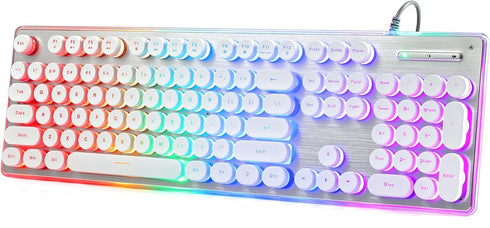 Typewriter Style Keyboard, 104 Keys USB Wired Retro with Metal Panel, Rainbow LED Backlit, Spill Resistant for
