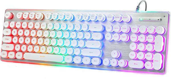 Typewriter Style Keyboard, 104 Keys USB Wired Retro with Metal Panel, Rainbow LED Backlit, Spill Resistant for