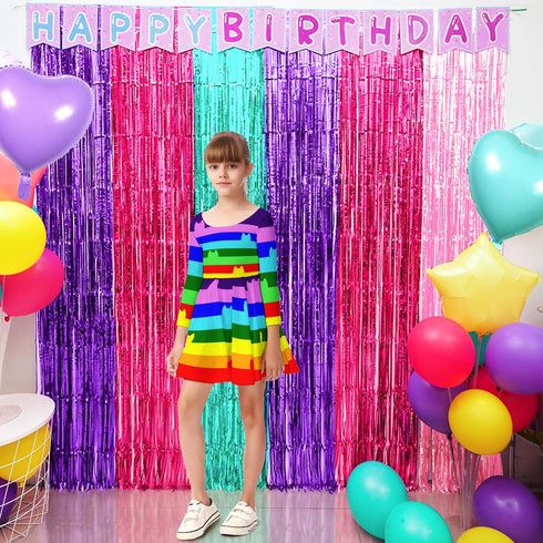 Satankya 2 Pack Cute Dollhouse Birthday Decorations, Dollhouse Party Photo Booth Prop, Purple Pink Teal Fringe Curtains