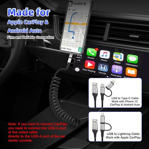USB to USB-C and Lightning Cable 2 in 1 Coiled Cable, MFi & 3A Fast Charge & Data Sync for iPhone/Android