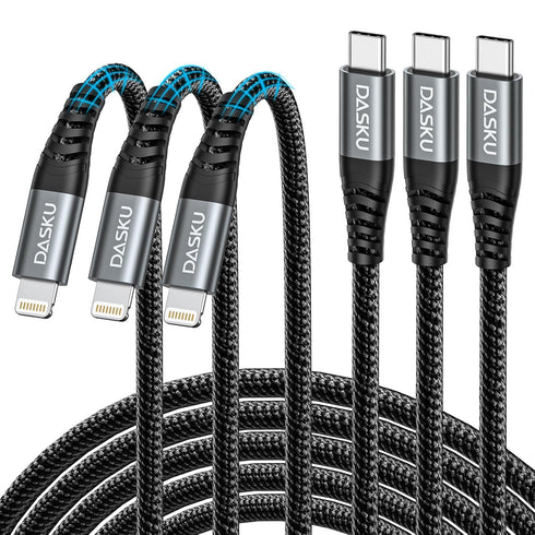 Dasku 10ft USB C to Lightning Cable 3-Pack, MFi Certified Fast Charger for iPhone 14, 13, 12, 11, iPad & More.