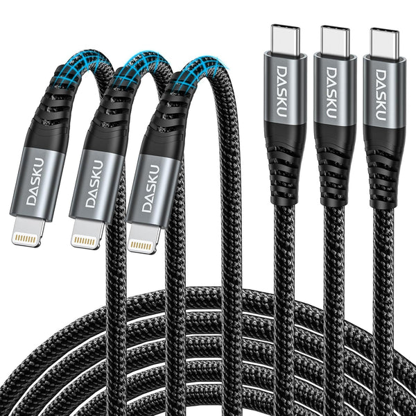 Dasku 10ft USB C to Lightning Cable 3-Pack, MFi Certified Fast Charger for iPhone 14, 13, 12, 11, iPad & More.