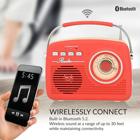 Supersonic SC-1201BT Retro Portable Bluetooth Speaker, Vintage Vibes, AM/FM Radio, USB/SD Card/AUX Inputs for Kitchen