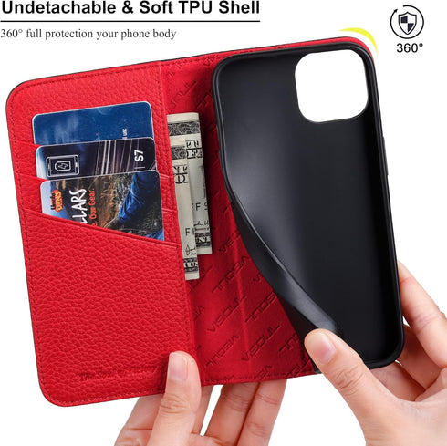 VISOUL 15 15(6.1-inch)(Black+Red) Folio Case Compatible with iPhone Wallet Case with Card Holder, Pebbled Real Leather